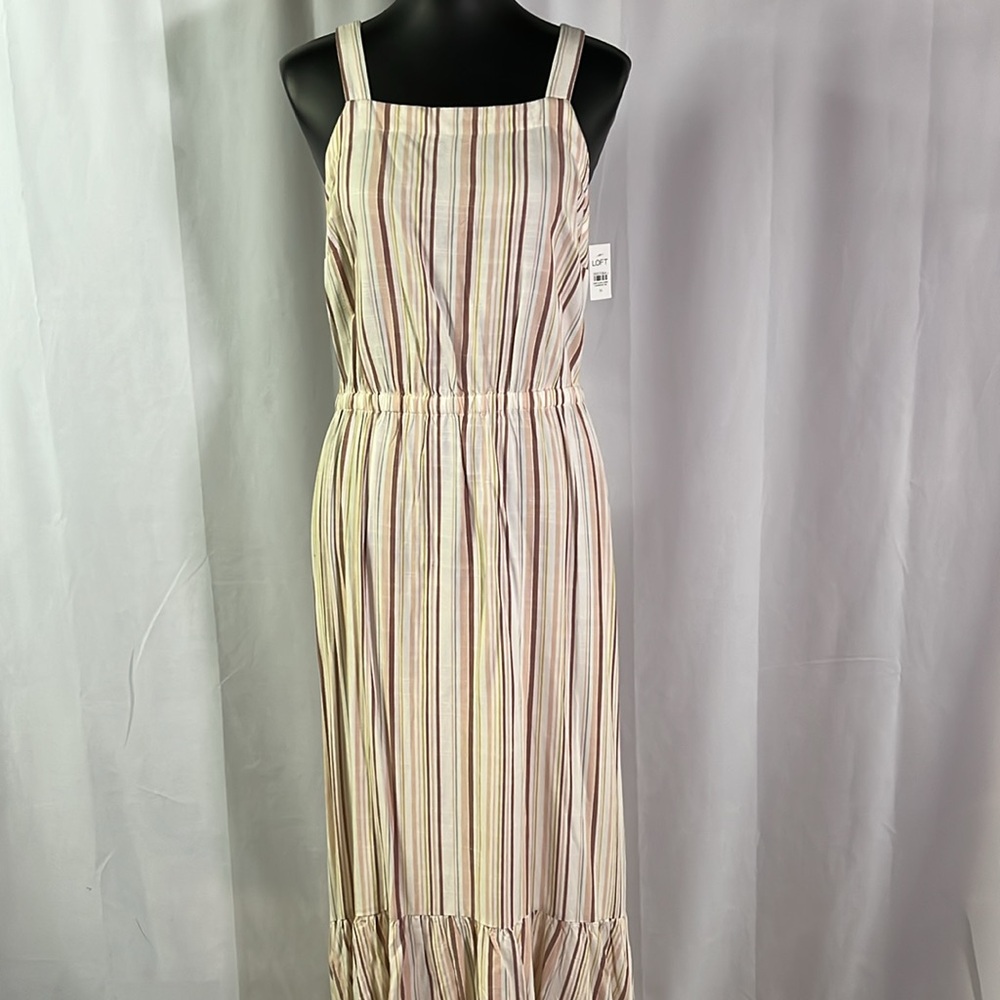 NWT LOFT Beach Colorful Striped Tie Back High Low Ruffle Hem Dress